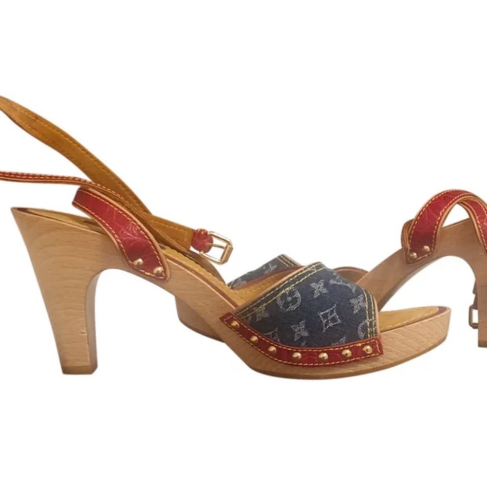 Louis Vuitton Authentic Monogram Red Crocodile Leather Trim Clog Sandal